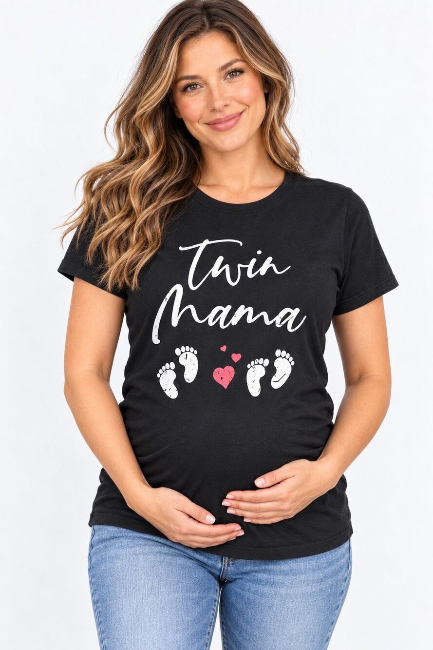 Twin Mama Women’s Large Black Graphic Tee Pregnancy Maternity Port & Company